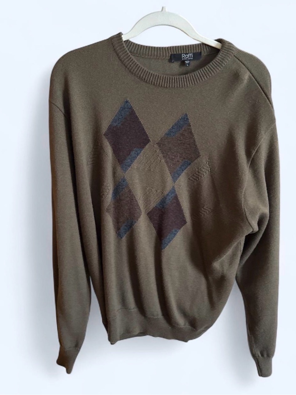Raffi Olive Crewneck Sweater with Argyle Front